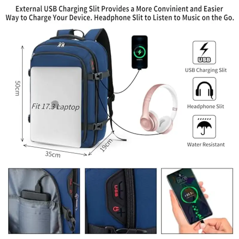 Della Gao Zaino per laptop da uomo, 17 pollici con zaino da lavoro USB a fessura, zaino per laptop resistente all'acqua, computer, notebook, regalo da viaggio Uomo e donna - Blu miniatura 2