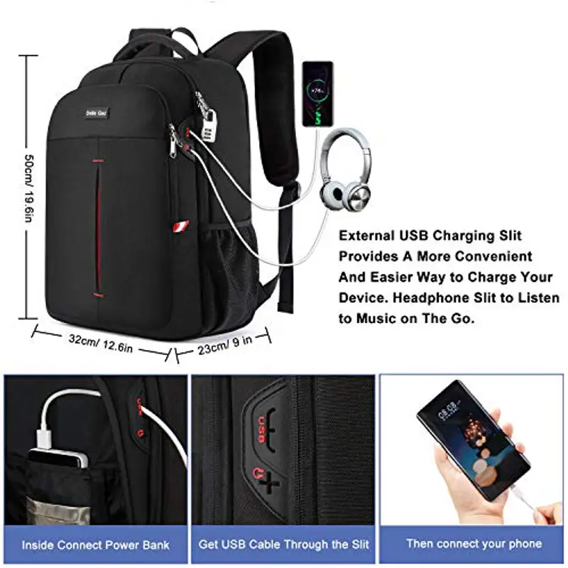 Della Gao Zaino Uomo per PC Portatile, Porta PC 15.6/17 Pollici Zaino Antifurto Impermeabile con Fessura USB per Viaggio, Nero miniatura 3