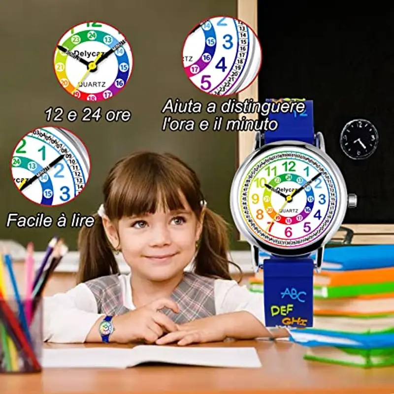 Delycazy Orologio Bambina Bambino, 12 e 24 Orario Movimento al Quarzo Orologio per Bambini, Regalo per Ragazze Ragazzi 4 5 6 7 8 9 10 Anni miniatura 3