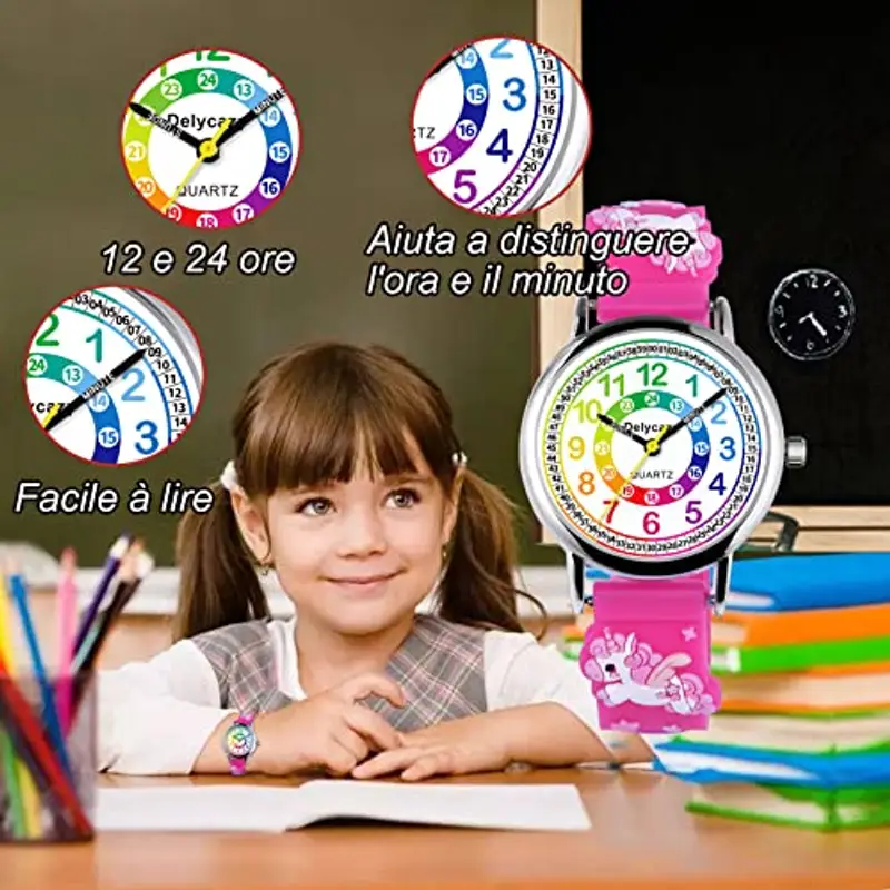 Delycazy Orologio Bambina Bambino, 12 e 24 Orario Movimento al Quarzo Orologio per Bambini, Regalo per Ragazze Ragazzi 4 5 6 7 8 9 10 Anni miniatura 3