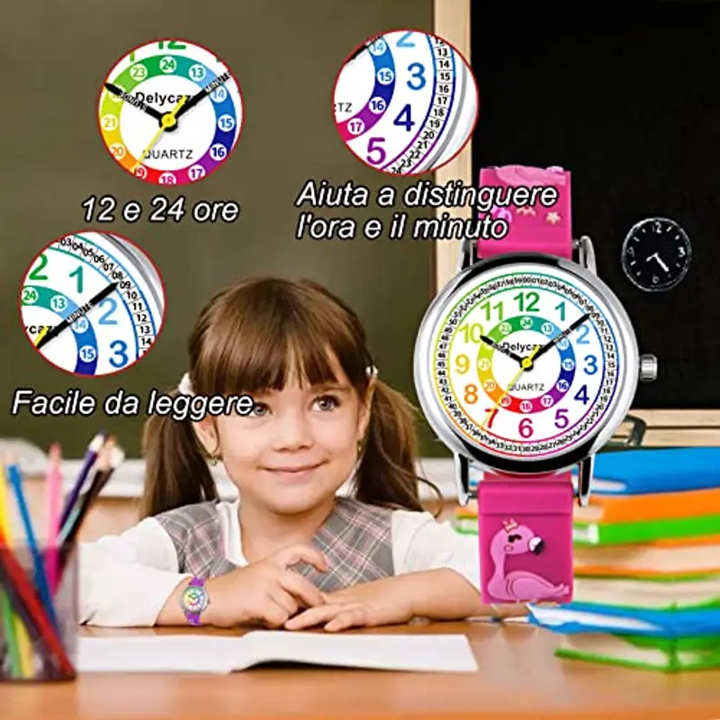 Delycazy Orologio Bambina Bambino, 12 e 24 Orario Movimento al Quarzo Orologio per Bambini, Regalo per Ragazze Ragazzi 4 5 6 7 8 9 10 Anni miniatura 3