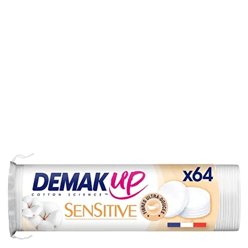 Demak'Up Sensitive - Dischetti per truccare, viso, occhi, 100% fibre di cotone naturali, 64 pezzi