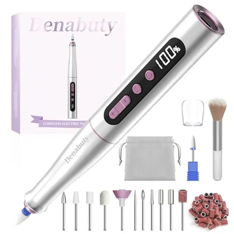 Denabuty Fresa per Unghie Professionale 35000 Giri, Lima per Unghie Elettrica Senze Fili con Display LCD, 13 In 1 Kit Manicure Pedicure Ricaricabile Velocità Regolabile DN-2402