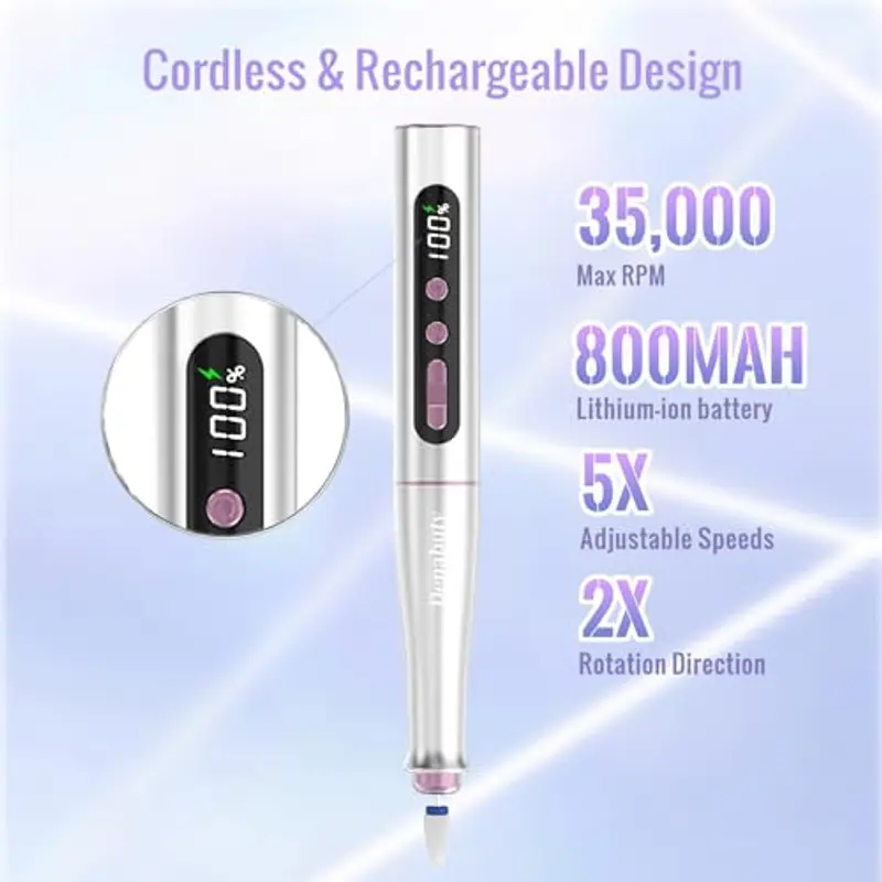 Denabuty Fresa per Unghie Professionale 35000 Giri, Lima per Unghie Elettrica Senze Fili con Display LCD, 13 In 1 Kit Manicure Pedicure Ricaricabile Velocità Regolabile DN-2402 miniatura 2