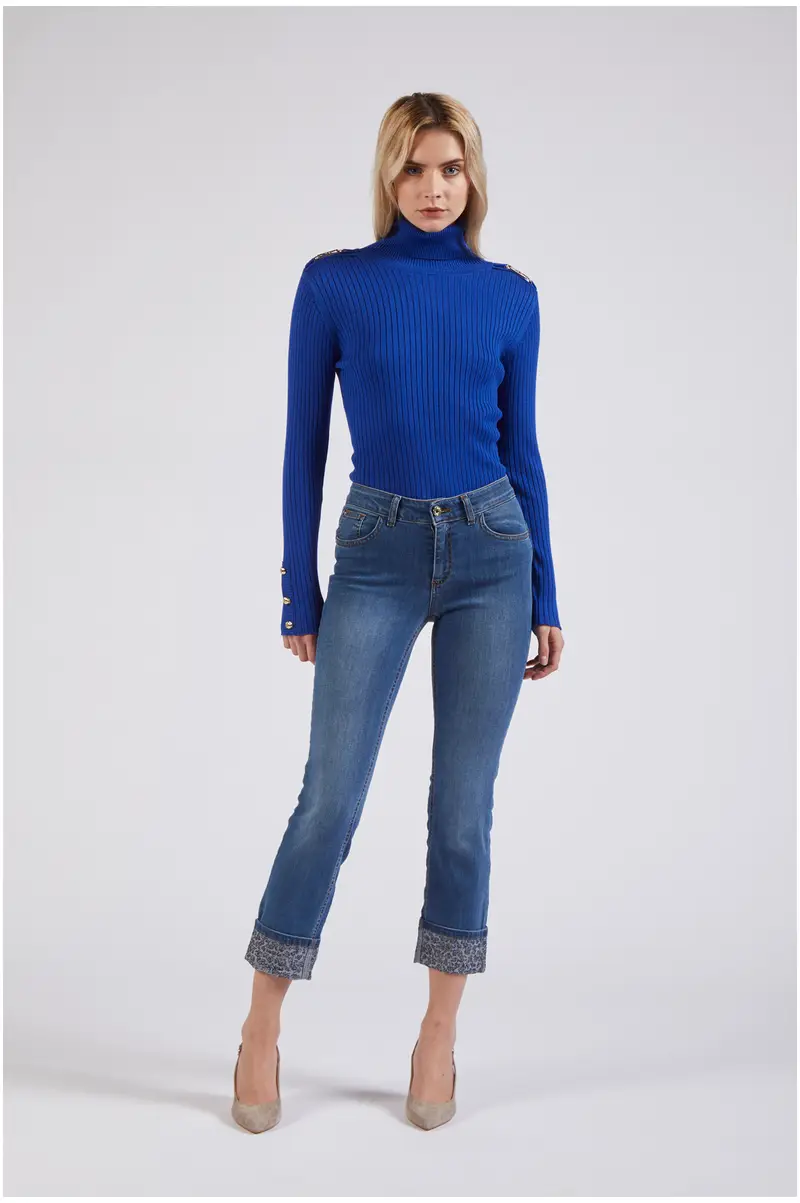 denim slim con stras al risvolto blu medio chiaro 26