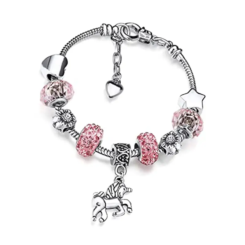Deolven Braccialetti per Bambini con Unicorno, Braccialetto in Cristallo Scintillante Rosa per Ragazze Bracciale per Compleanno Bambina da 6-12 anni, 16cm
