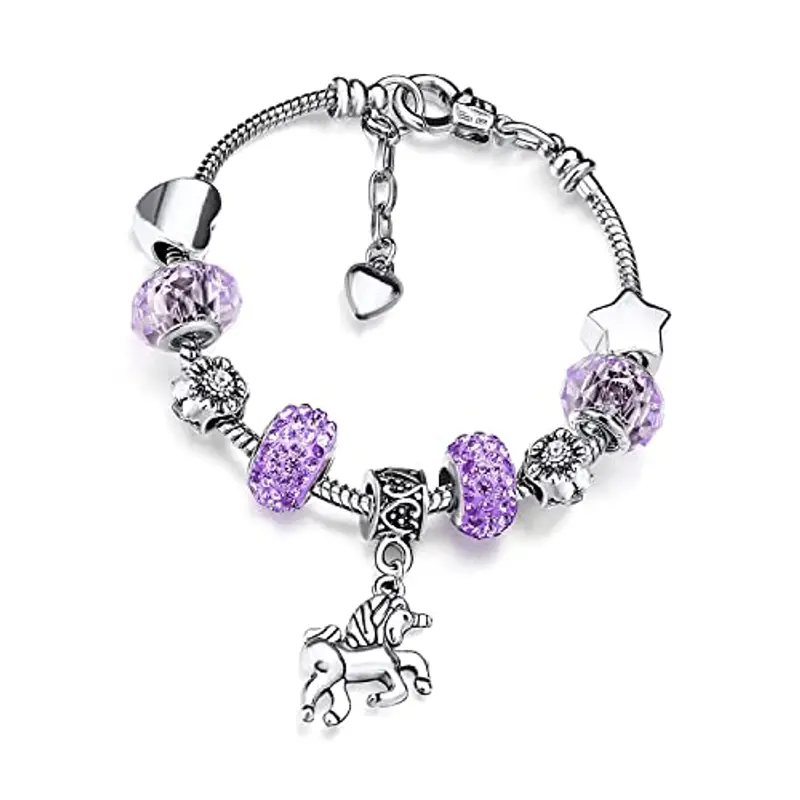 Deolven Braccialetti per Bambini con Unicorno, Braccialetto in Cristallo Scintillante Rosa per Ragazze Bracciale per Compleanno Bambina da 6-12 anni Viola 14cm