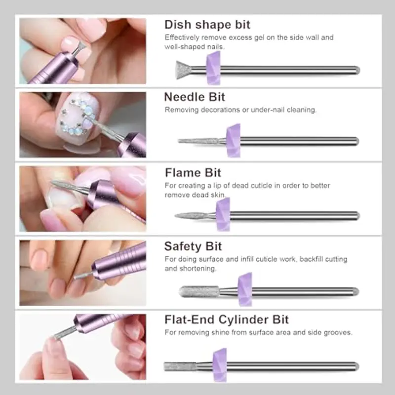 Depvko Set di 10 punte fresa unghie diamantate, 3/32 pollici per trapani per unghie, set di punte per cuticole per unghie, strumento di rimozione acrilico, set per manicure per vernice, salone a casa miniatura 3