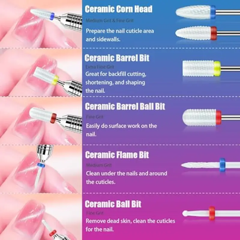 Depvko Set di 25 punte fresa unghie professionale con supporto rosa e 50 fasce abrasive, 3/32'' punte per fresa unghie in carburo diamanti ceramica, punta fresa rimuovi smalto acrilico gel per unghie miniatura 3