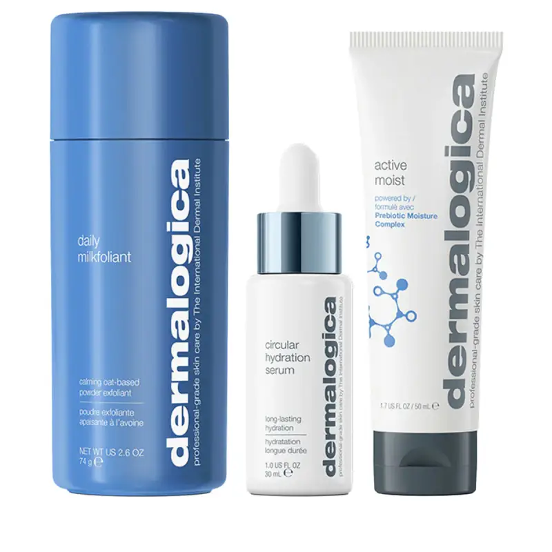 Set Liscio + Idratante Dermalogica Polvere Esfoliante Quotidiana Latte 74 g + Prebiotici Idratanti Attivi Idratanti Crema Viso 50 ml + Siero Ialuroni
