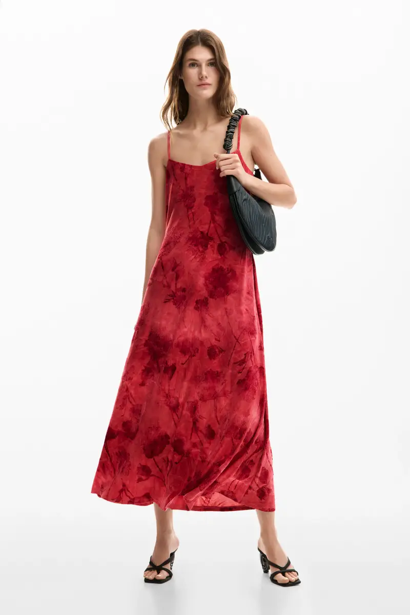 Desigual Abito lungo a spalline con fiori rossi