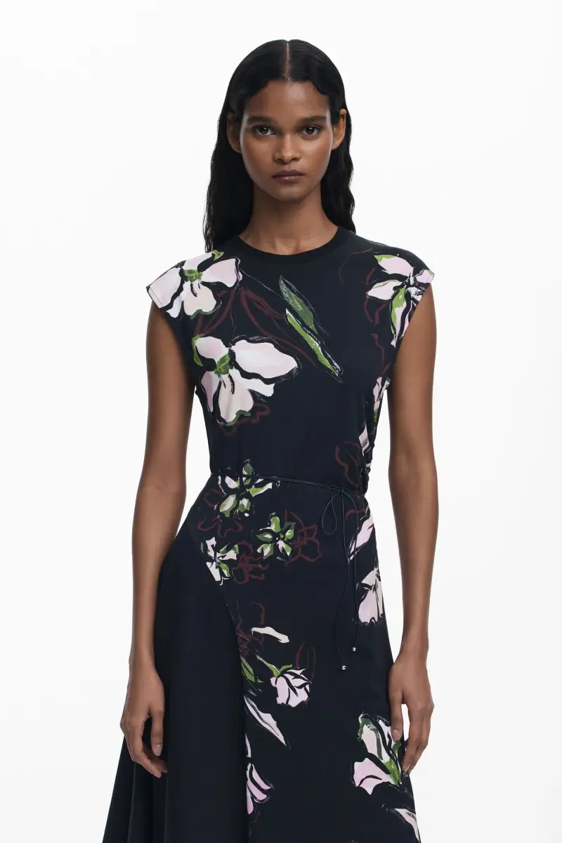 Desigual Abito asimmetrico a fiori blu e bianco miniatura 2