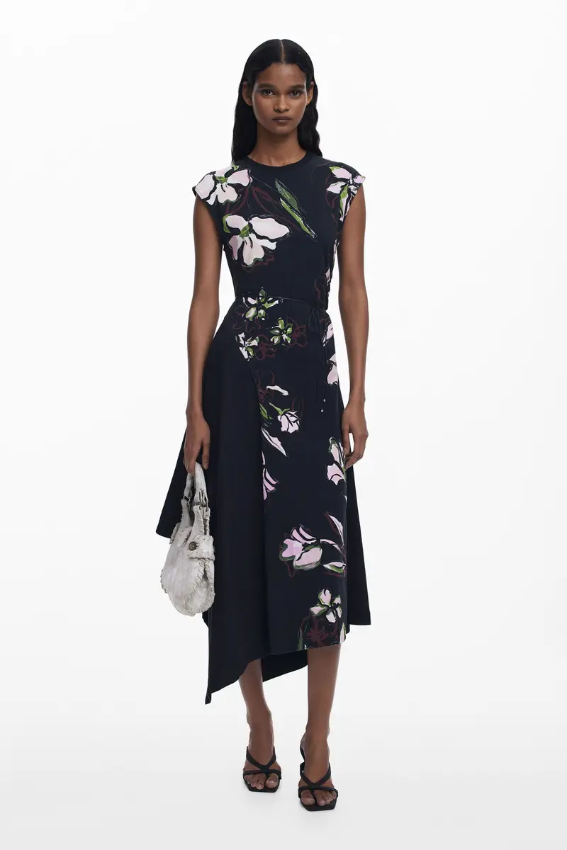 Desigual Abito asimmetrico a fiori blu e bianco