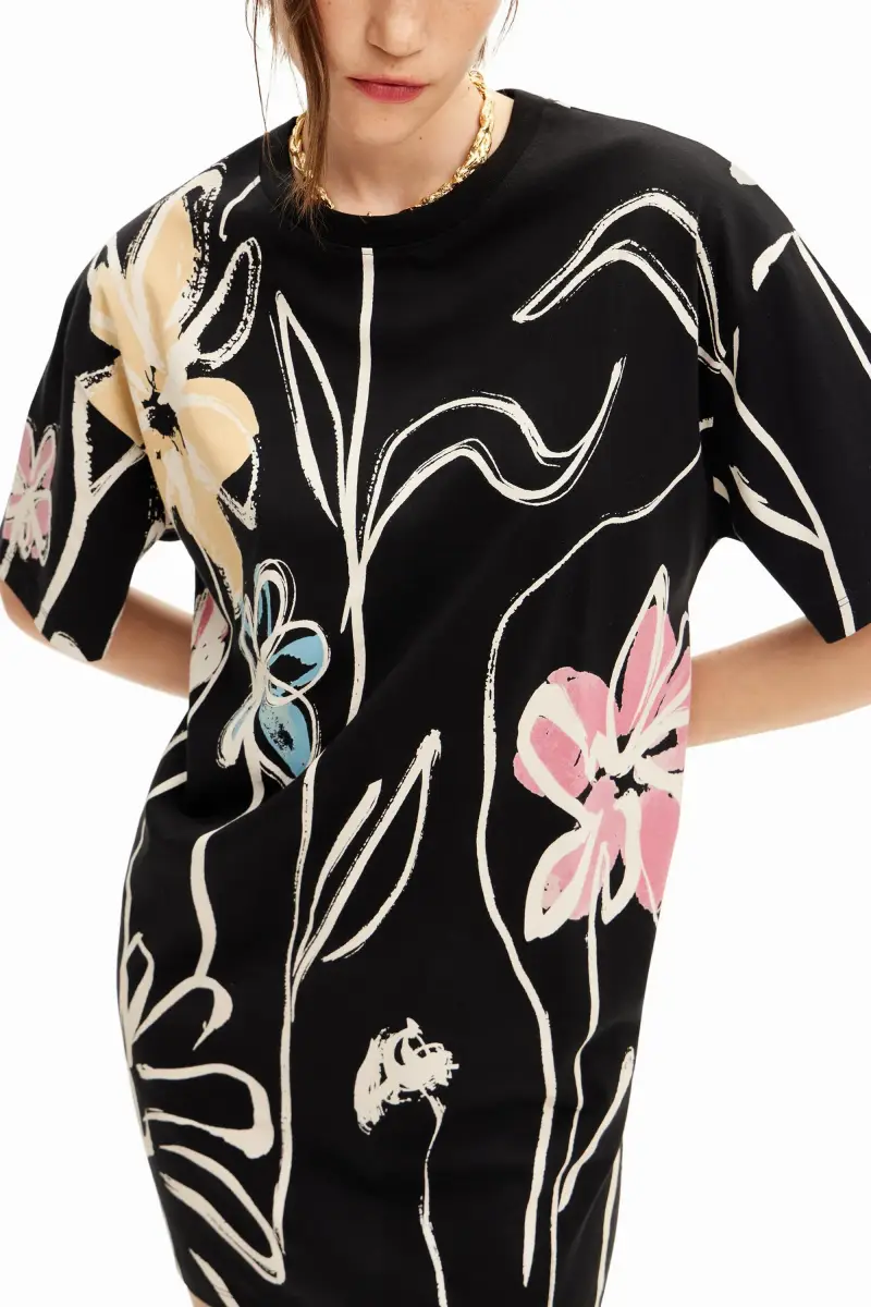 Abito corto con fiori illustrati BLACK miniatura 2