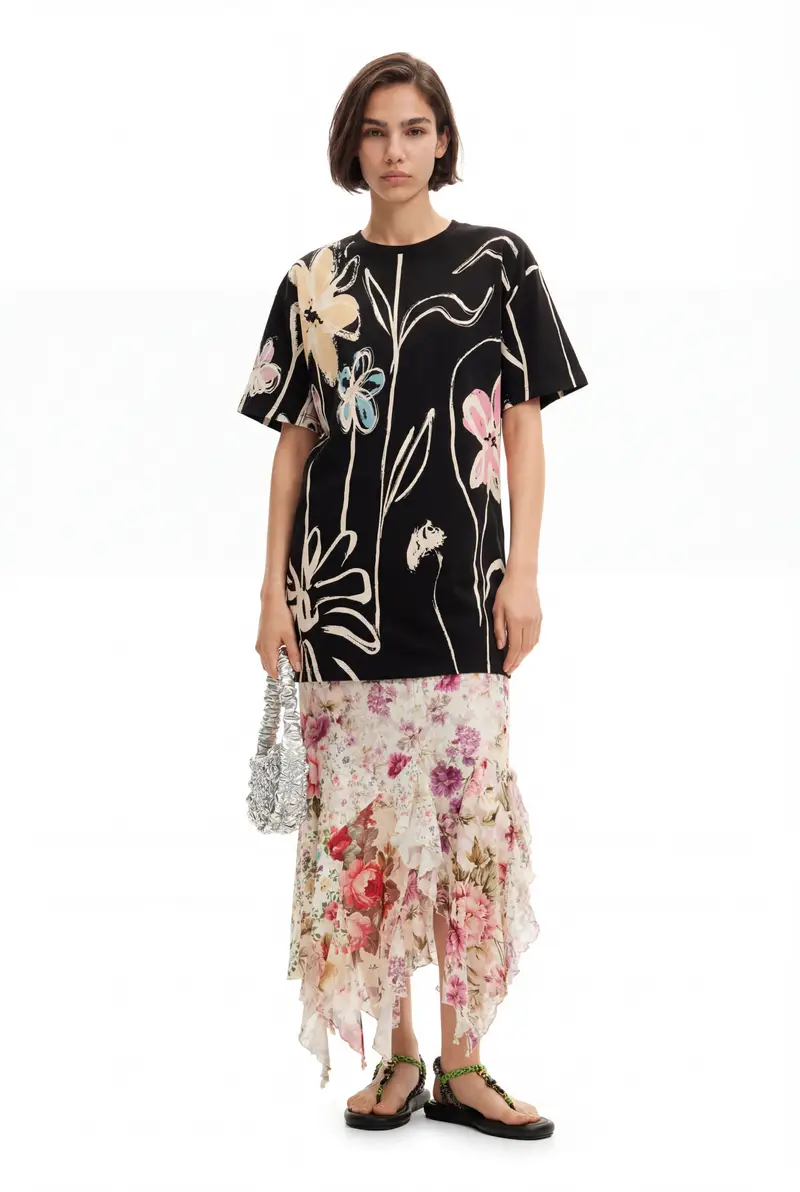 Abito corto con fiori illustrati BLACK