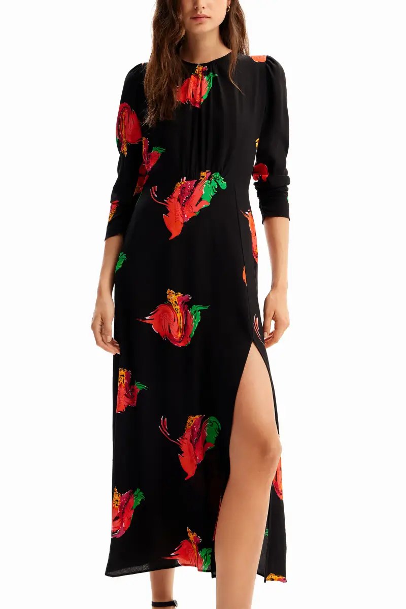 Abito lungo apertura fiori BLACK miniatura 2