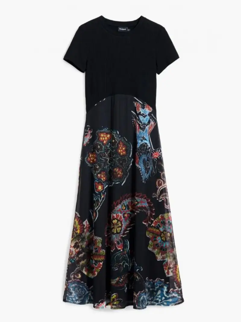 abito midi combinato a maniche corte, con gonna in tulle e stampa paisley disegnata da m. christian lacroix