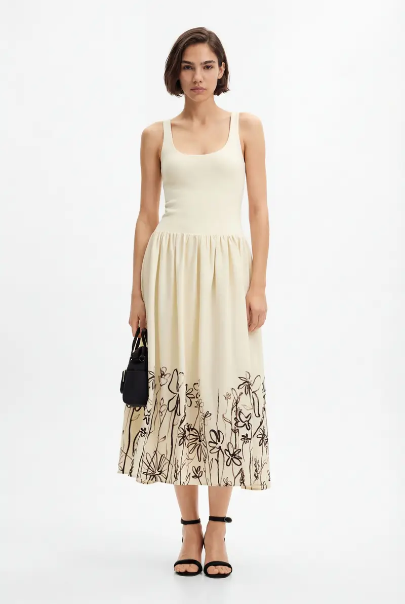 Abito midi svasato a fiori WHITE