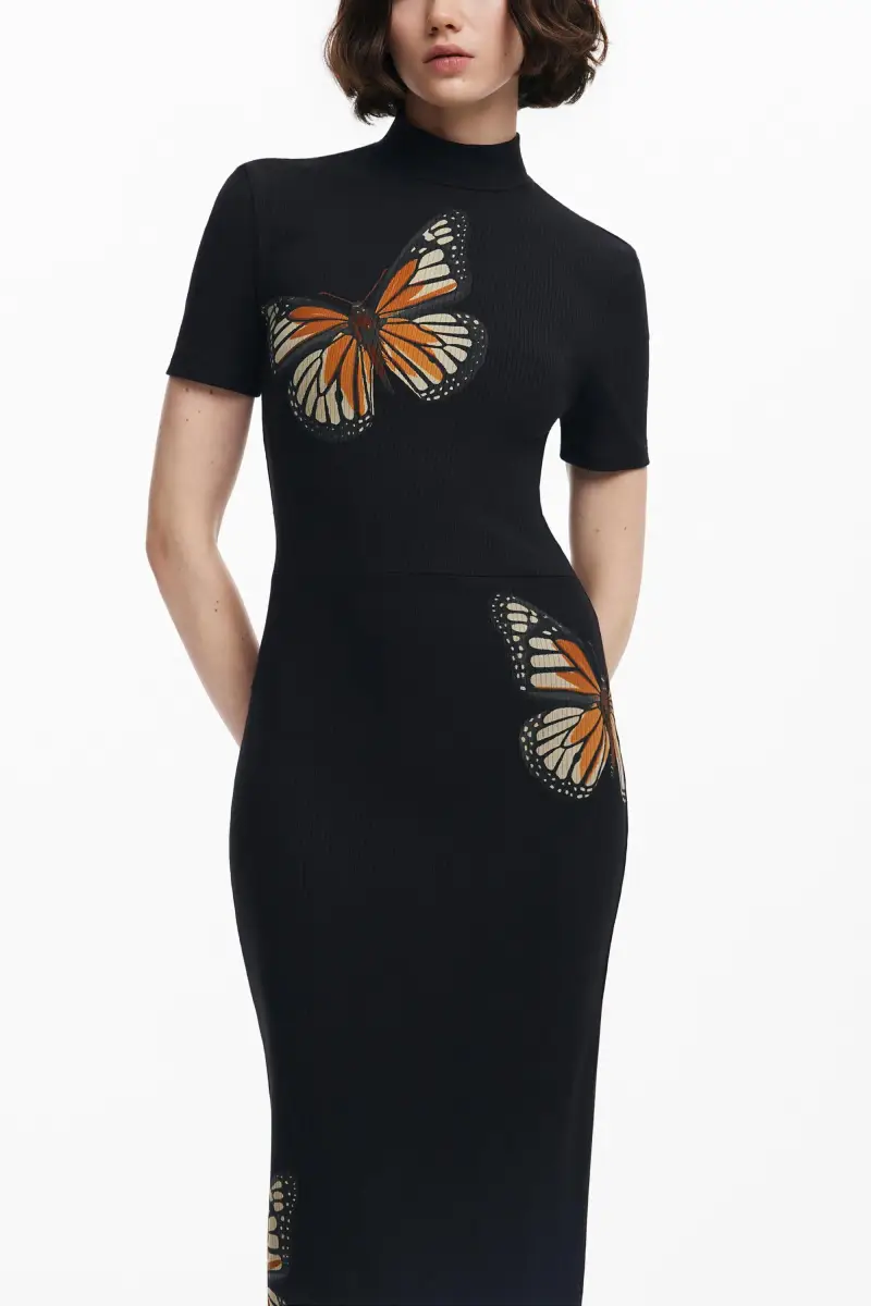 Abito slim midi con farfalle BLACK miniatura 2