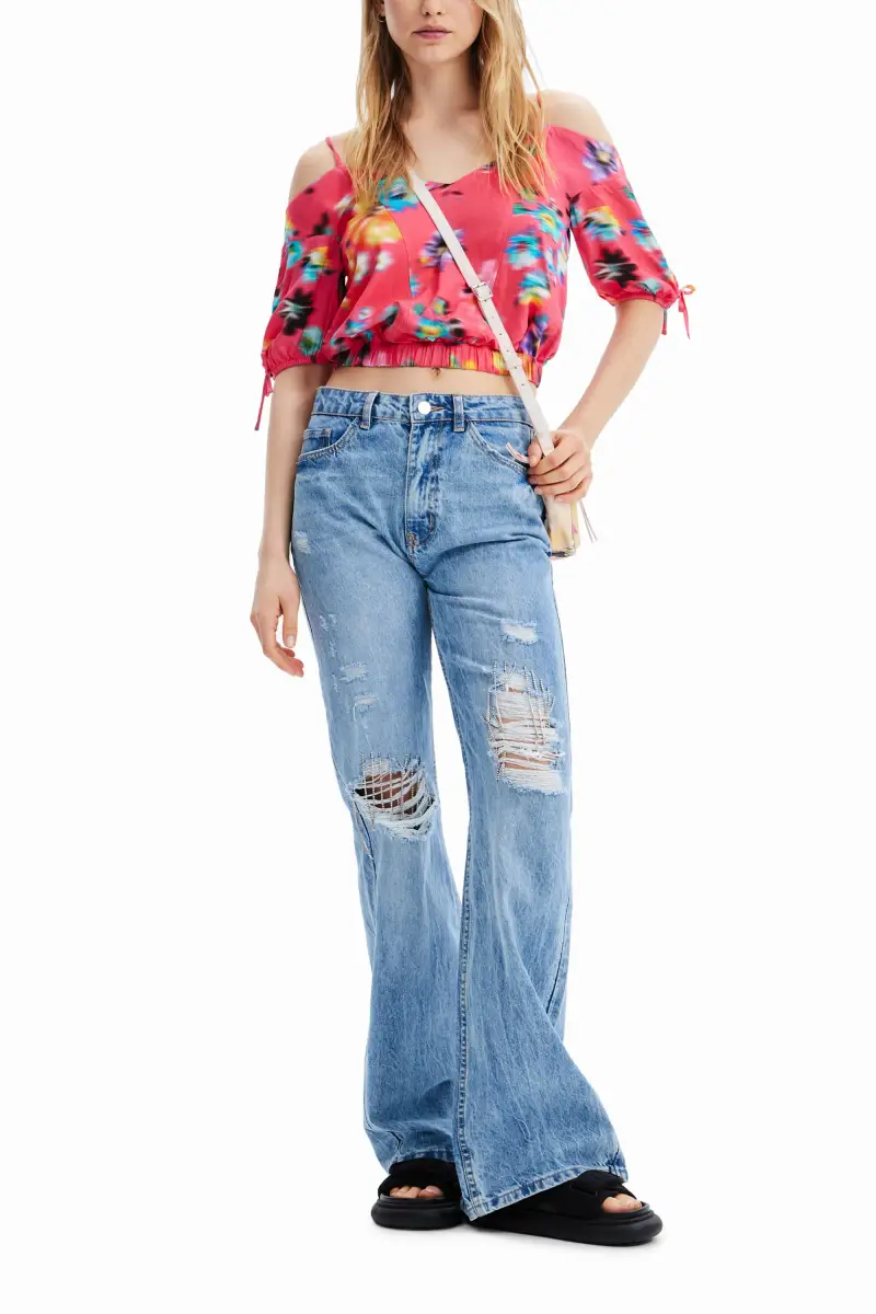 Blusa corta fiori arricciati RED miniatura 2