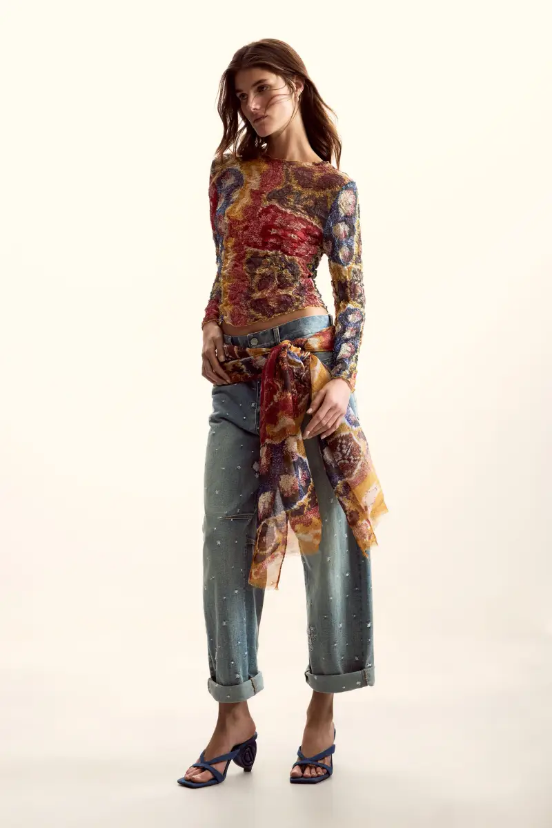 Desigual Blusa donna in tessuto georgette con stampa etnica