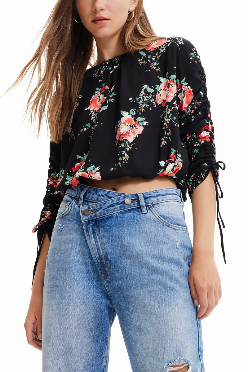 Blusa floreale con maniche regolabili BLACK miniatura 2