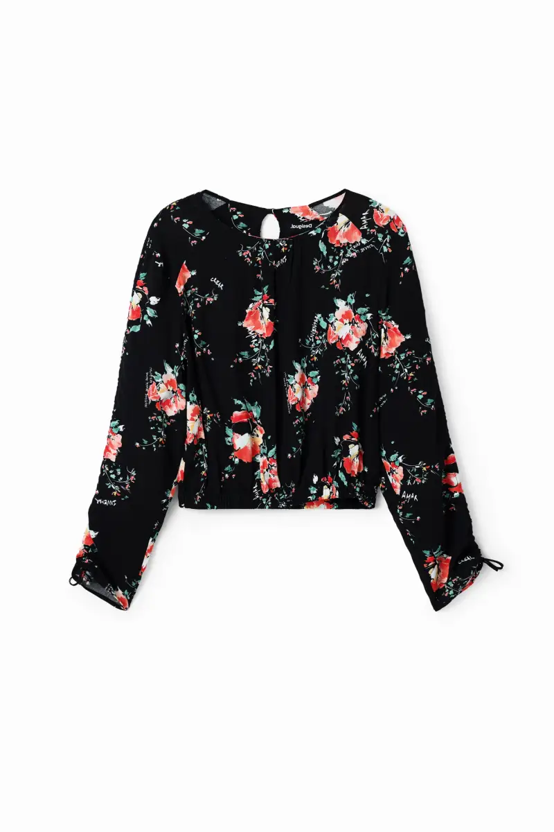 Blusa floreale con maniche regolabili BLACK