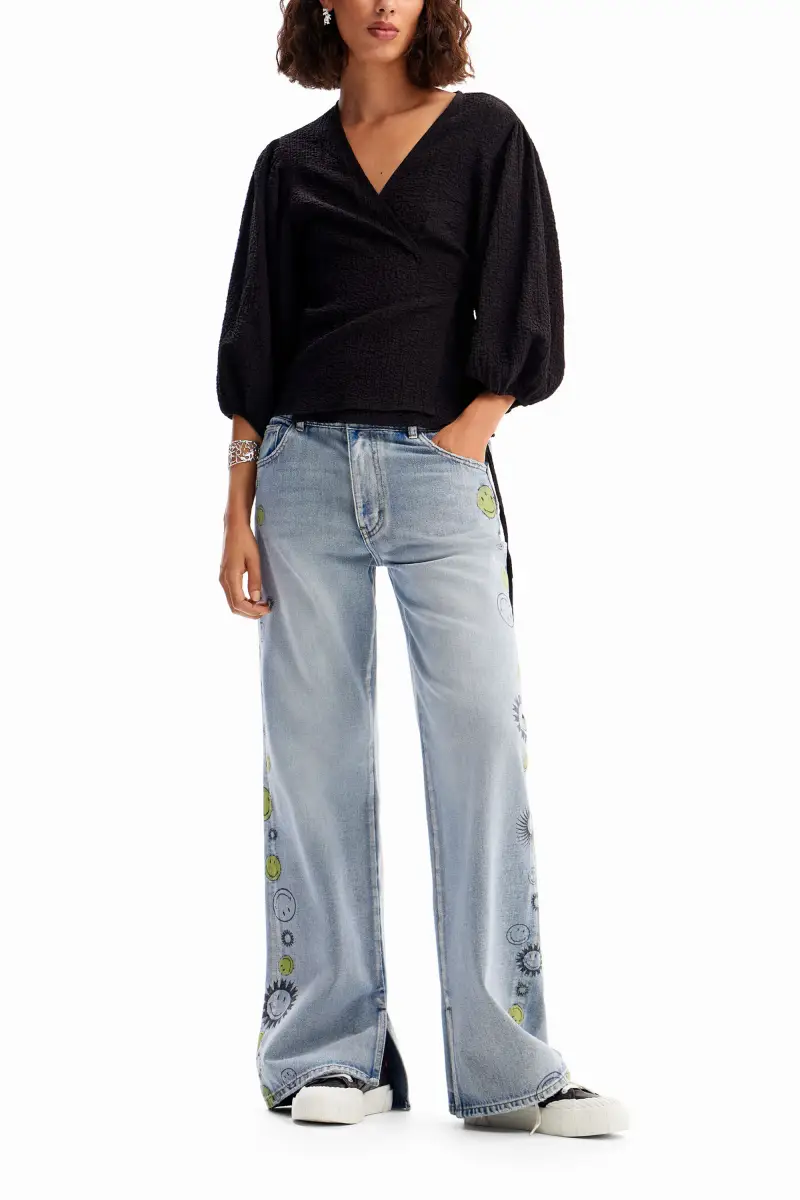 Blusa incrociata texture BLACK miniatura 2