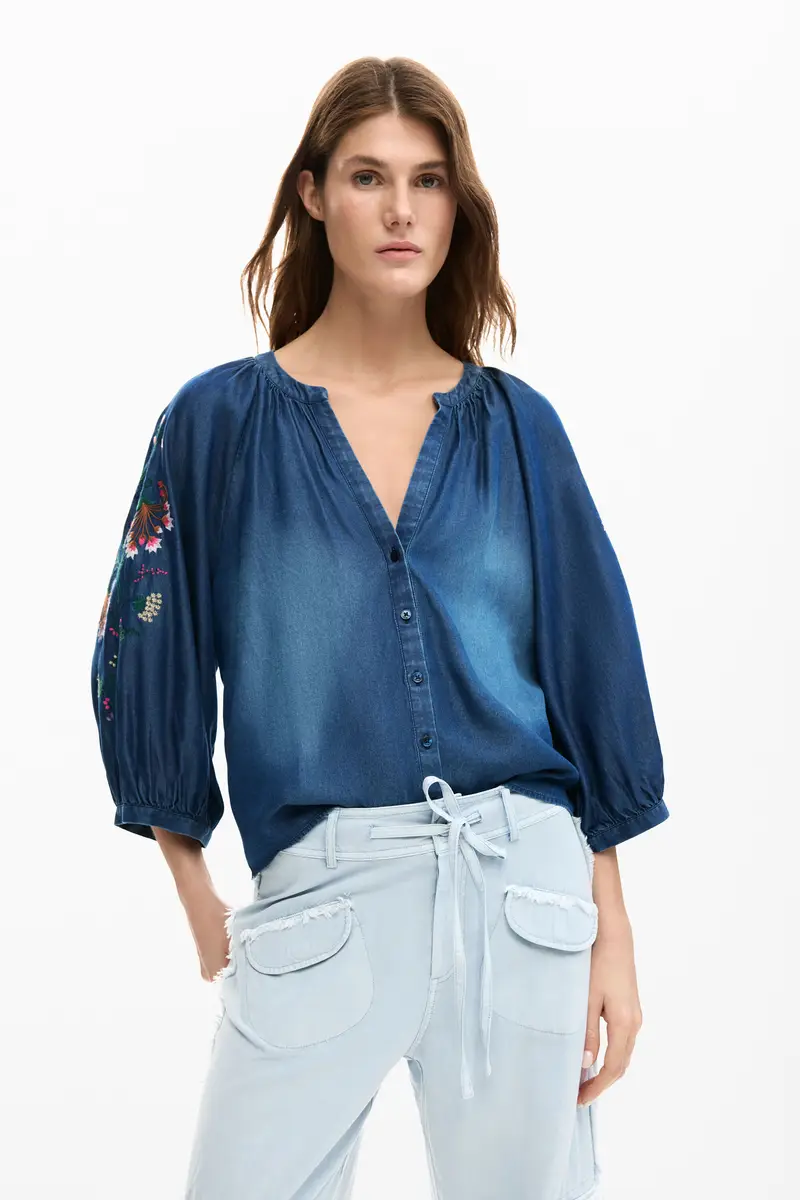 Desigual Blusa ricamata a maniche a sbuffo blu