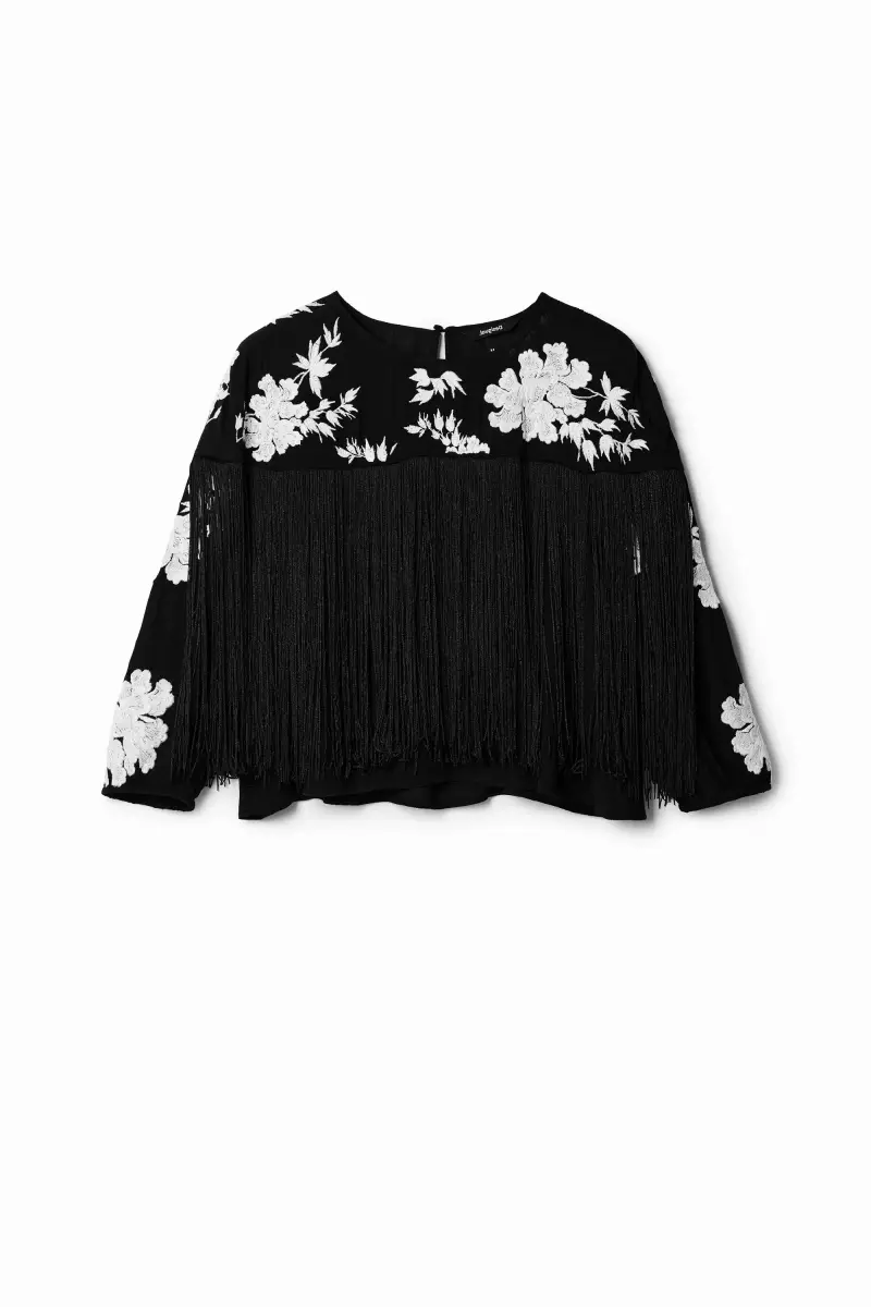 Blusa ricamata frange BLACK