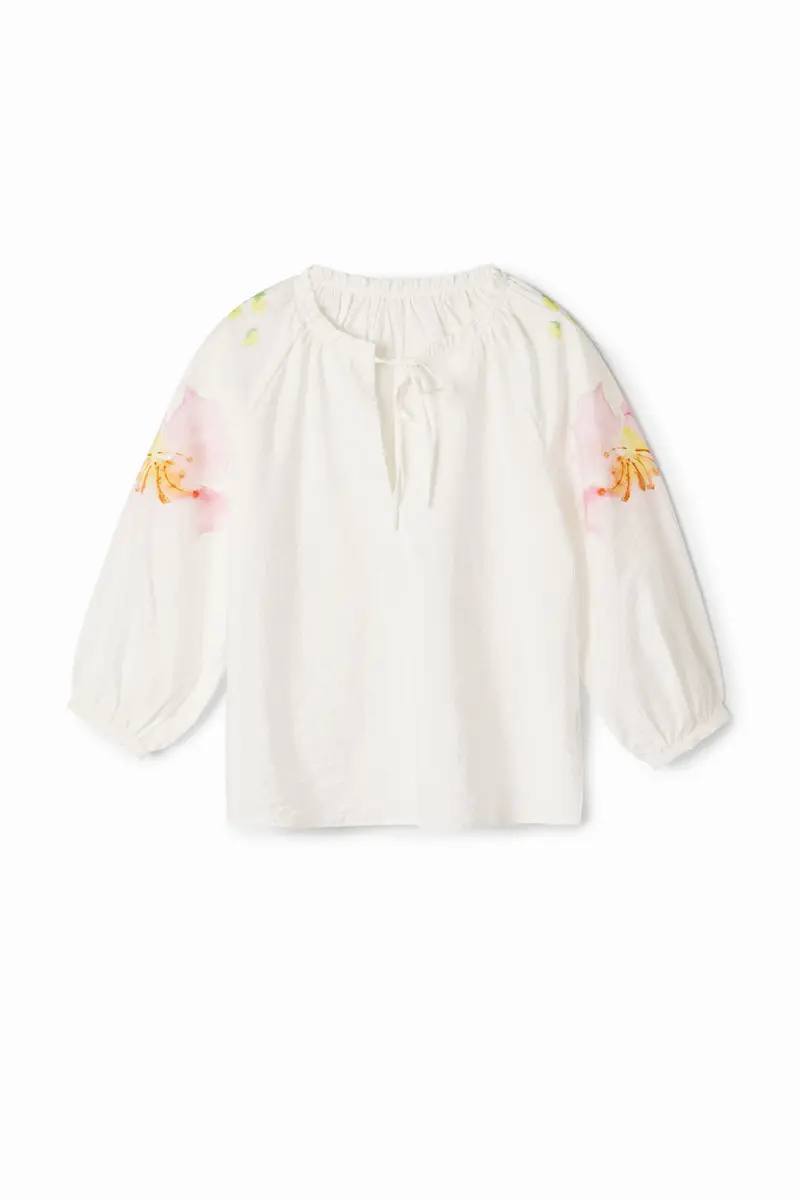 Blusa vaporosa con stampa floreale ad acquerello WHITE