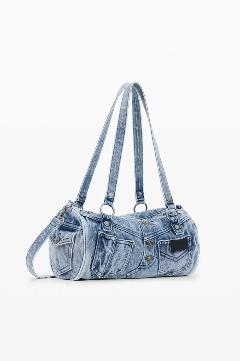 borsa denim con tasche BLUE miniatura 2