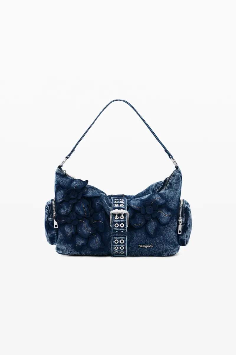 Borsa media in denim con fiore BLUE
