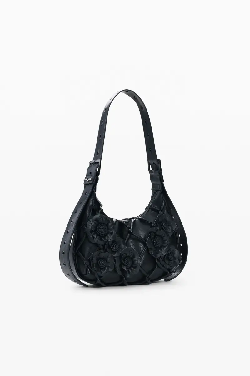 Borsa piccola intrecciata con fiori BLACK miniatura 2