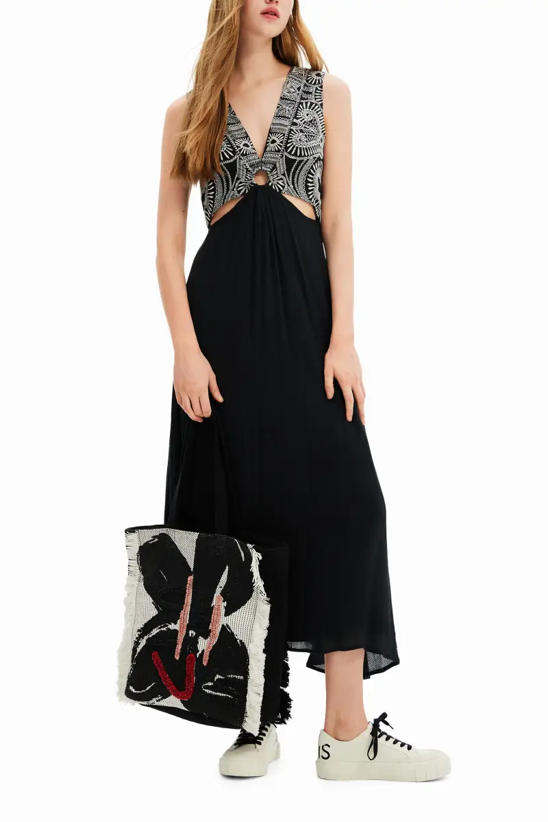 Borsa shopper grande a fiori BLACK miniatura 2