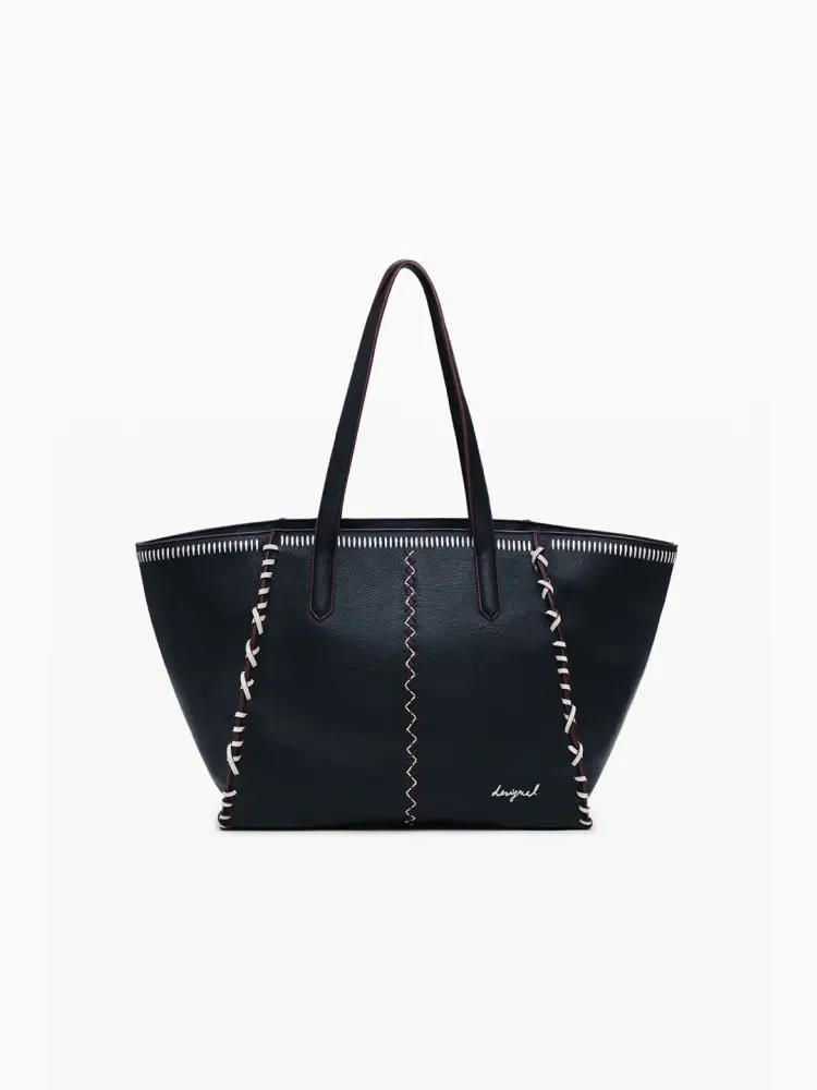 borsa stile shopper in ecopelle, di grande capacità, con tracolla removibile e chiusura con cerniera, con dettaglio di cuciture e ricami de