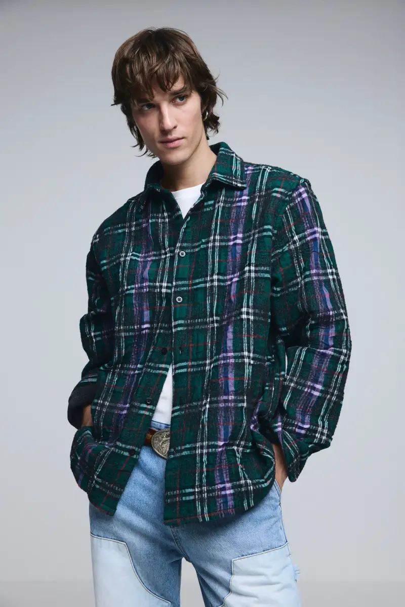 Camicia a maniche lunghe con quadri e cerniera GREEN