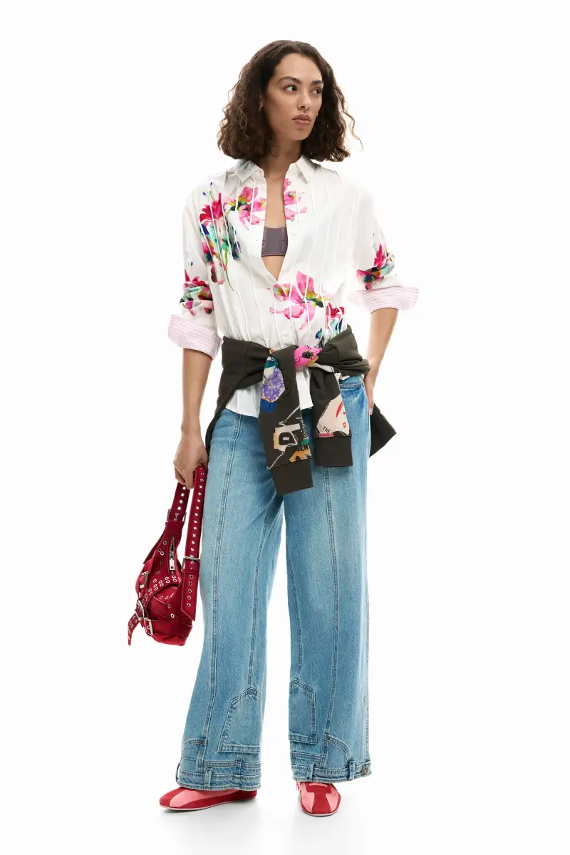 Camicia a maniche lunghe plissettata con fiori WHITE miniatura 2