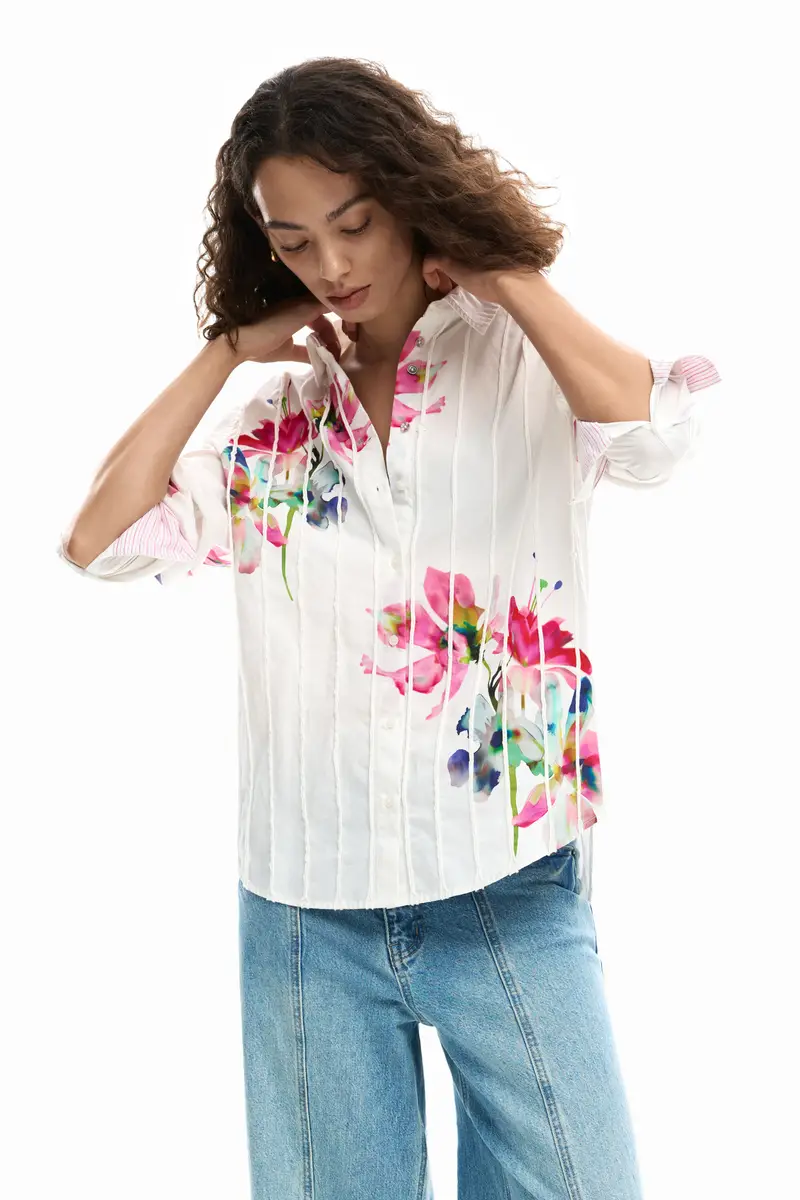 Camicia a maniche lunghe plissettata con fiori WHITE