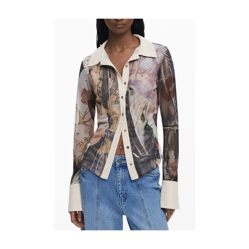 Camicia Maniche Lunghe Donna Beige Fantasia