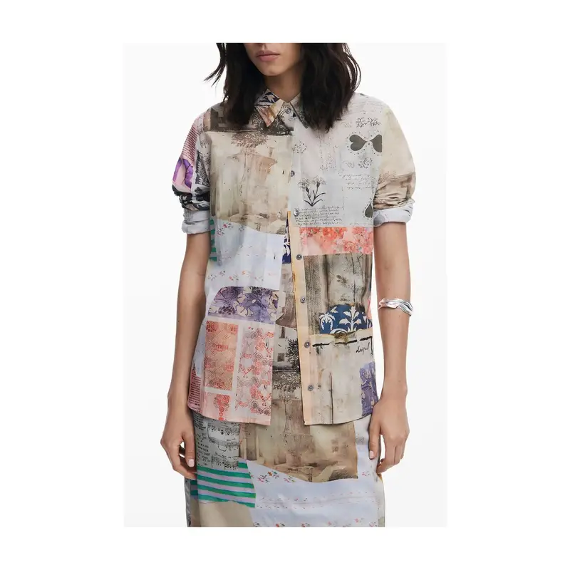 Camicia Maniche Lunghe Donna Beige Stampa