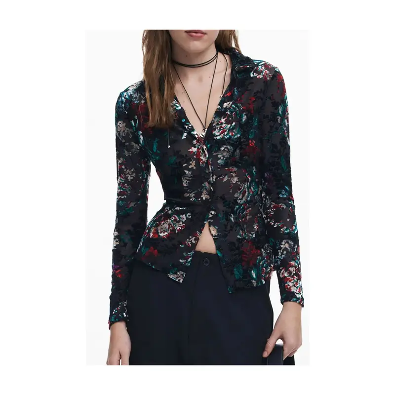Camicia Maniche Lunghe Donna Nera Dettagli a Contrasto Nero