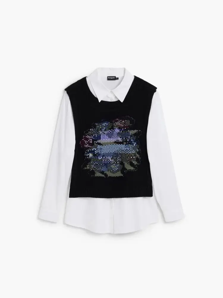 camicia semplice a maniche lunghe 2 in 1 con gilet in maglia rimovibile con dettagli di fiocchi sui lati e stampa di corona di fiori