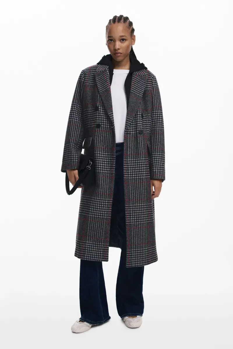 Desigual Cappotto midi tartan con cappuccio imbottito nero