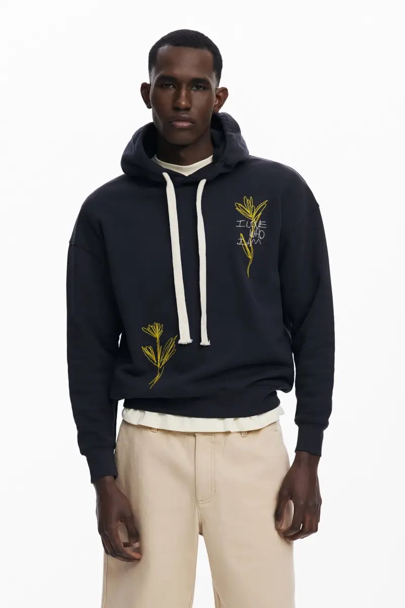 Felpa con cappuccio ricamata BLACK