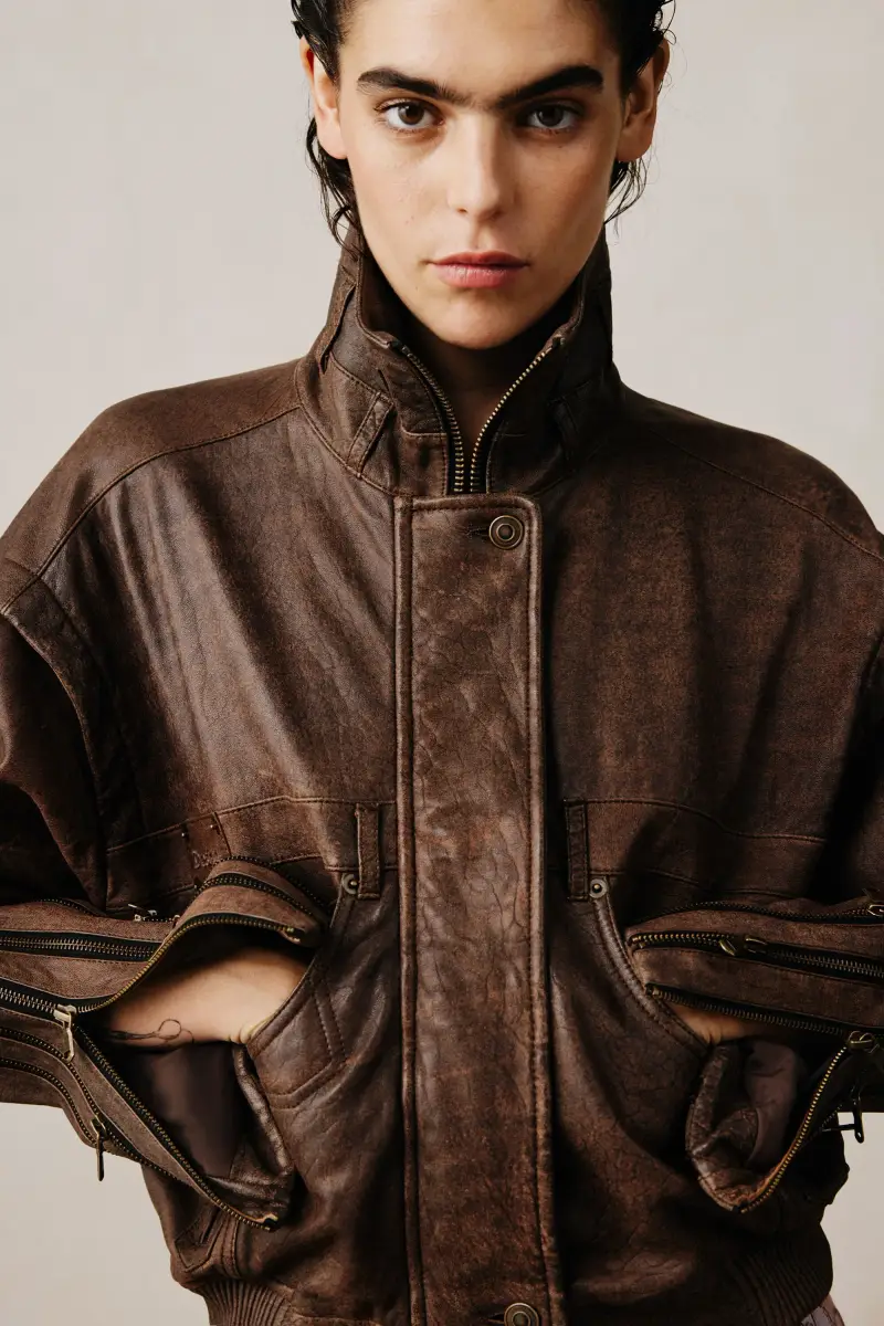 Giacca in pelle con cerniere studio BROWN miniatura 2