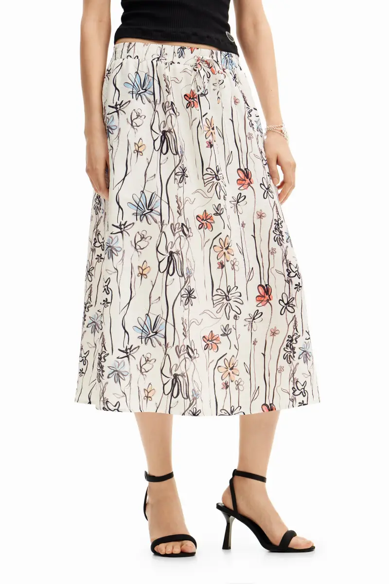 Gonna midi con fiori illustrati WHITE miniatura 2