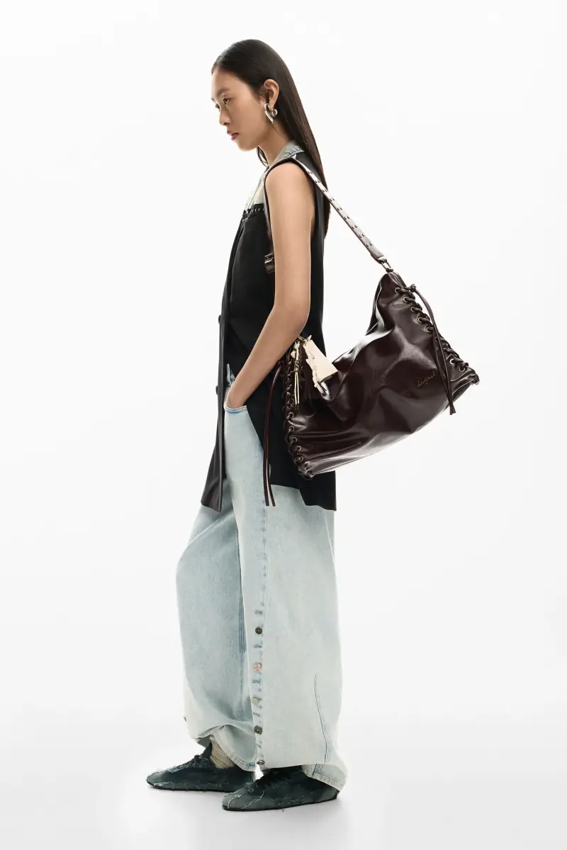 Grande borsa intrecciata brillante BROWN miniatura 2