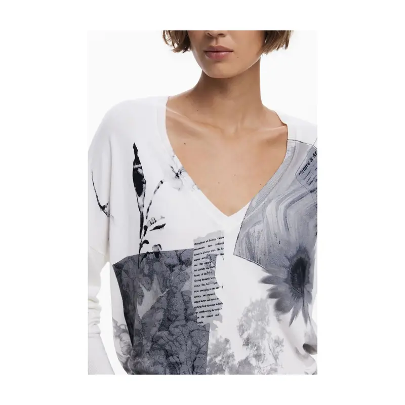 Desigual Maglia Donna Scollo a V Bianca e Fantasia miniatura 3
