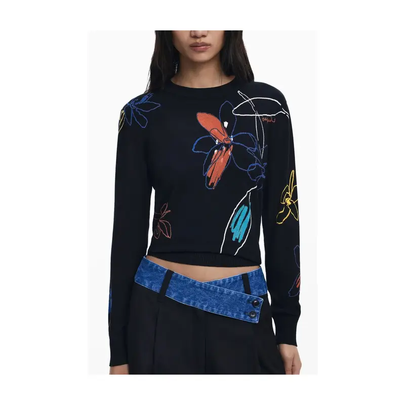 Desigual Maglia Donna Nera con Fantasia e Girocollo